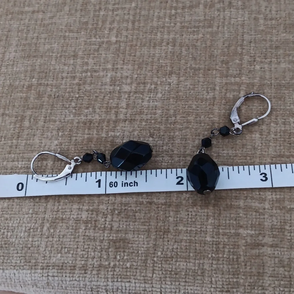 Silver Leverback Black Faceted Beaded Earrings